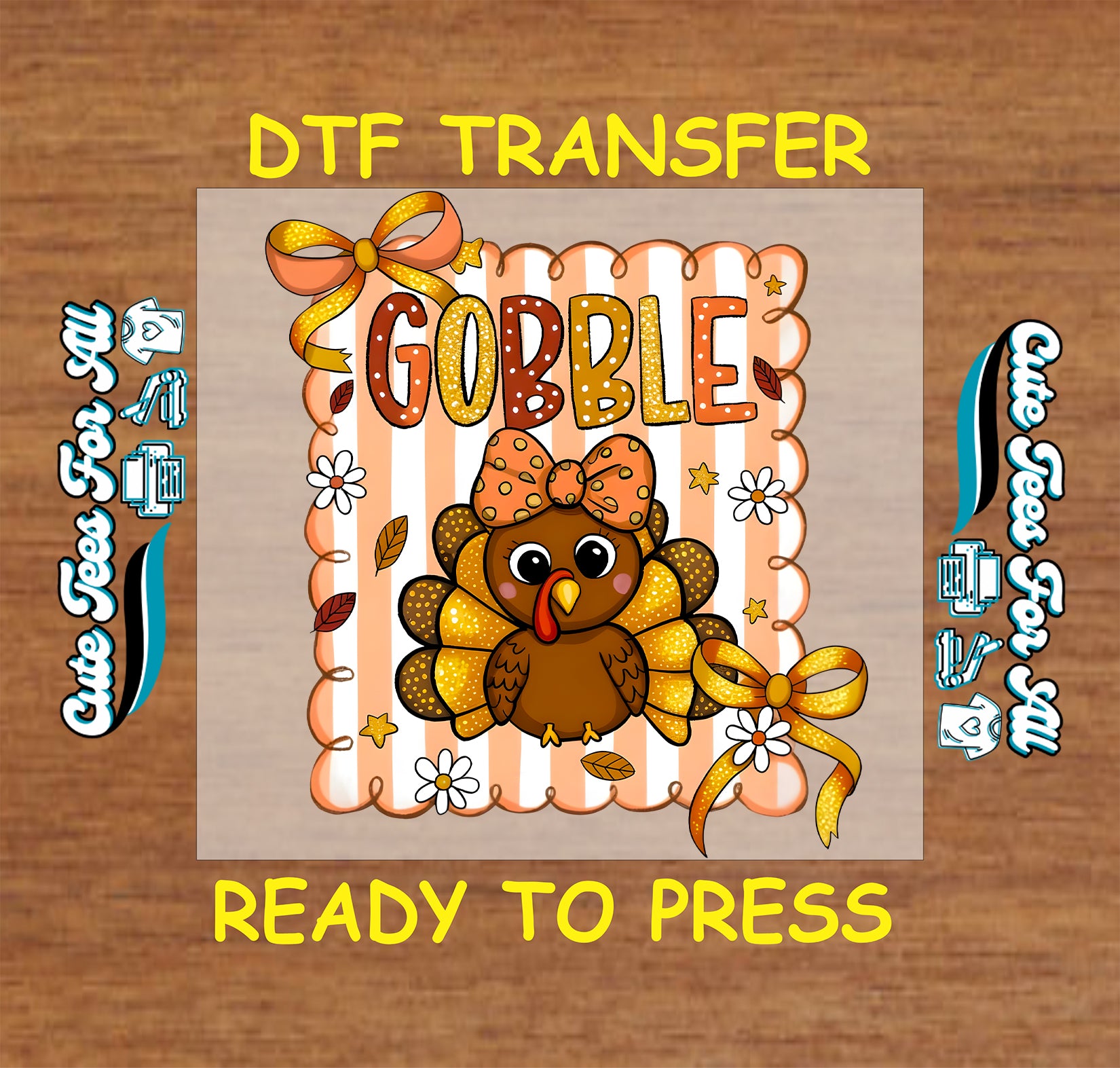 girly gobble turkey with bows thanksgiving ready to press dtf iron on fall transfer