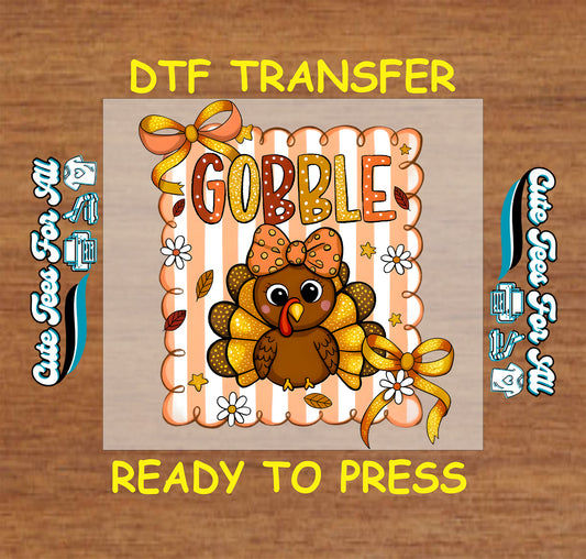girly gobble turkey with bows thanksgiving ready to press dtf iron on fall transfer