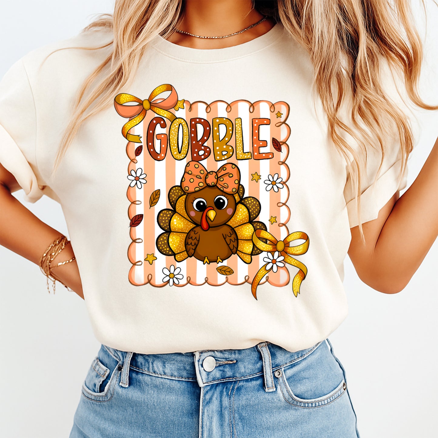 Thanksgiving Girly Gobble Turkey DTF Transfer – Ready to Press Iron On Heat Transfer for DIY Fall Thanksgiving Shirts 12327