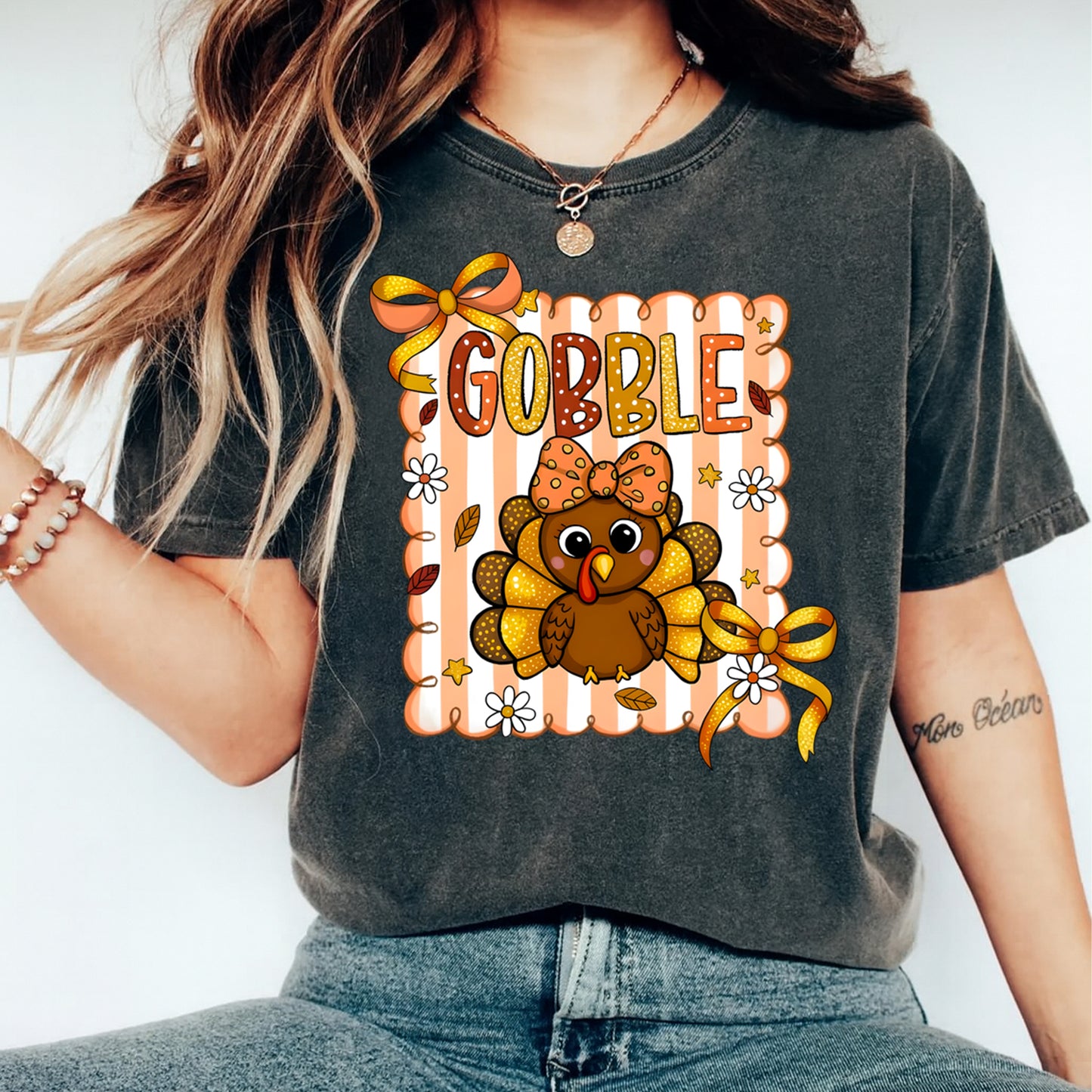 Thanksgiving Girly Gobble Turkey DTF Transfer – Ready to Press Iron On Heat Transfer for DIY Fall Thanksgiving Shirts 12327