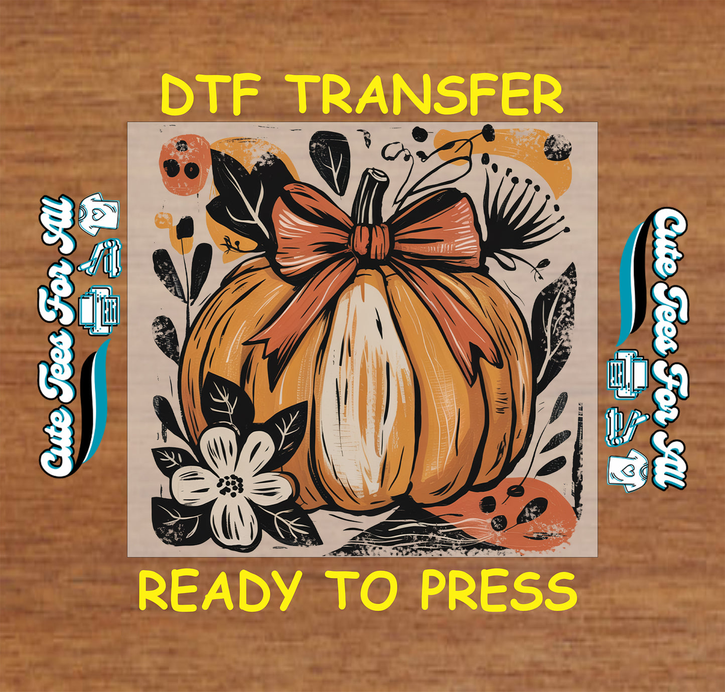 girly fall pumpkin with bow ready to press dtf iron on thanksgiving transfer