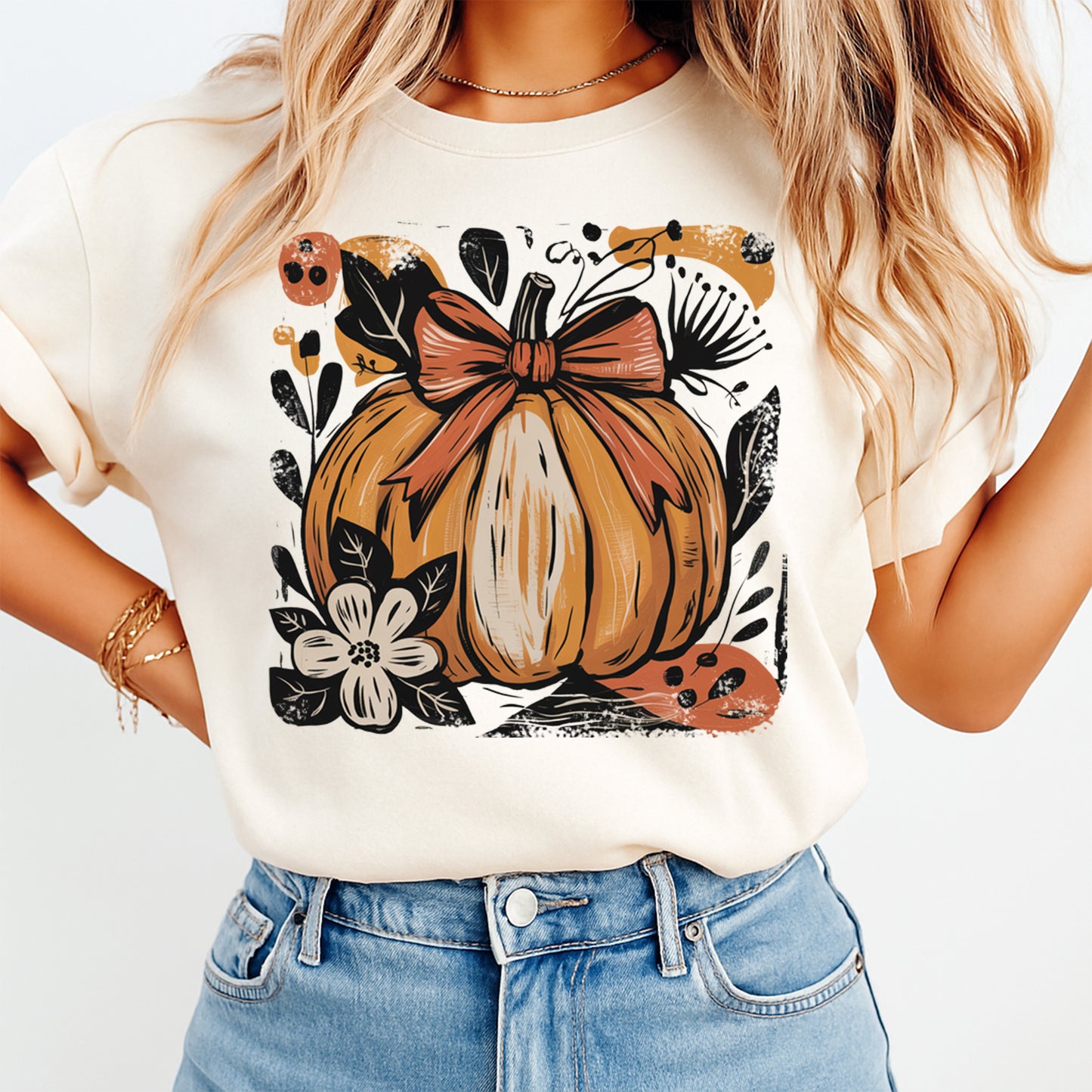 Fall Girly Bow Pumpkin DTF Transfer – Ready to Press Iron On Heat Transfer for DIY Thanksgiving Shirts 12328