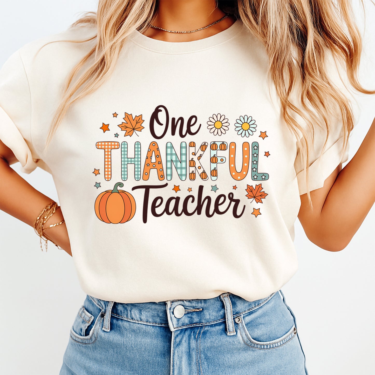 Thanksgiving Teacher Thankful Pumpkin DTF Transfer – Ready to Press Iron On Heat Transfer for DIY Thanksgiving Shirts 12331