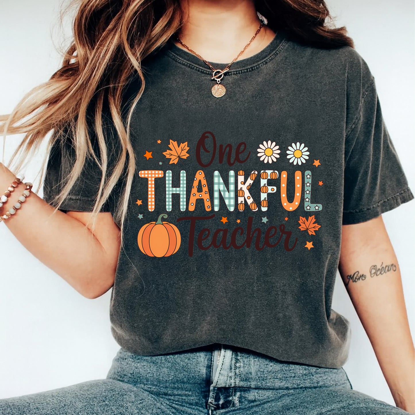 Thanksgiving Teacher Thankful Pumpkin DTF Transfer – Ready to Press Iron On Heat Transfer for DIY Thanksgiving Shirts 12331
