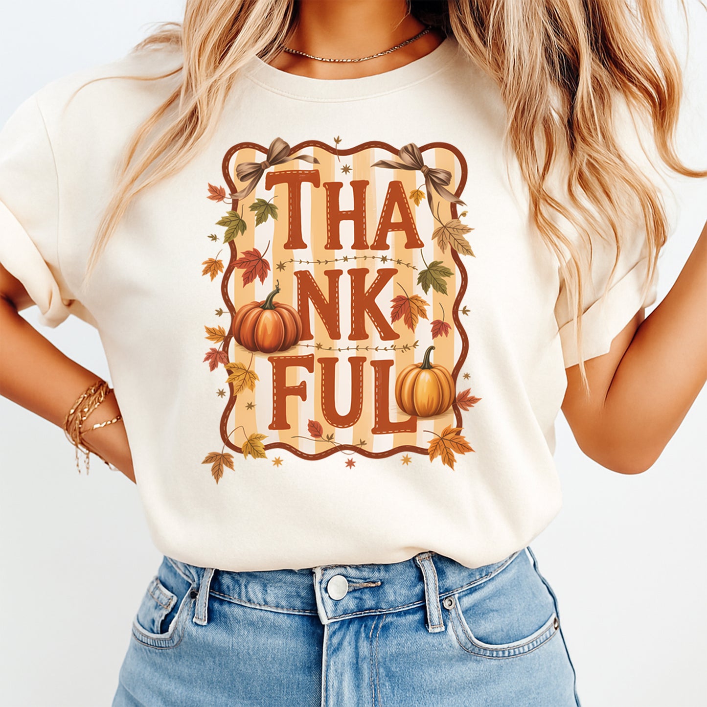 Thanksgiving Thankful Pumpkin Leaves DTF Transfer – Ready to Press Iron On Heat Transfer for DIY Thanksgiving Shirts 12333