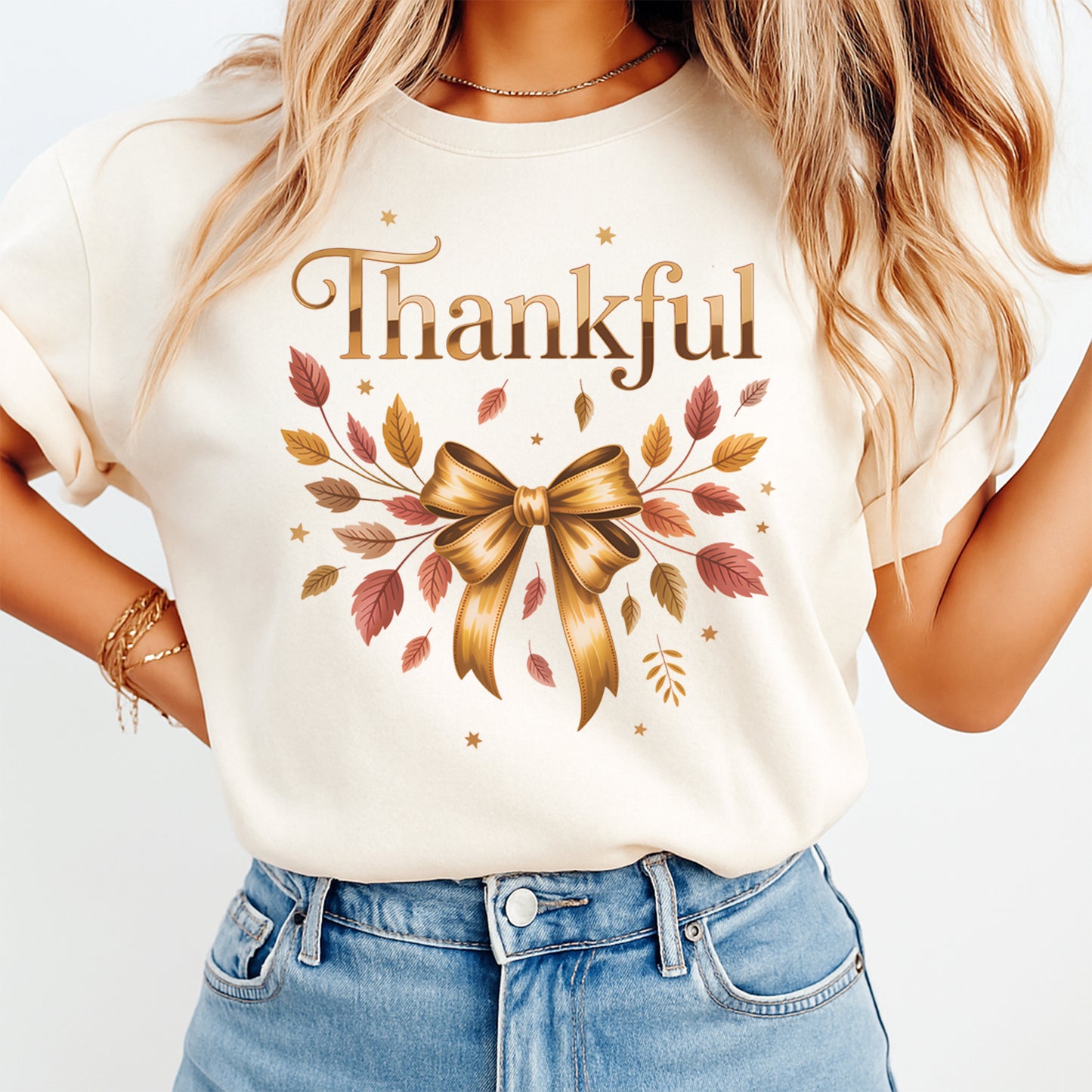 Fall Thankful Gold Bow Leaves DTF Transfer – Ready to Press Iron On Heat Transfer for DIY Fall Shirts 12335