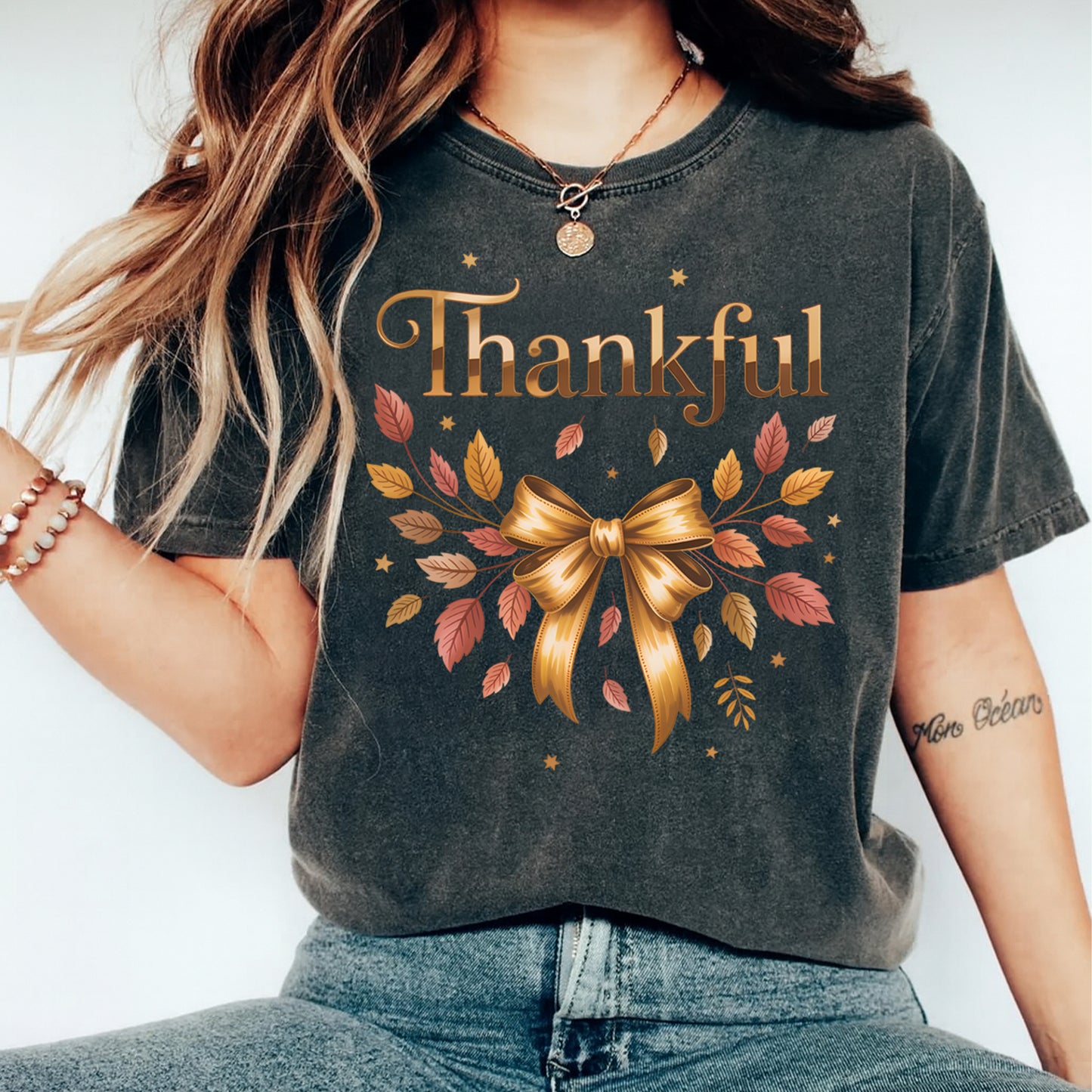 Fall Thankful Gold Bow Leaves DTF Transfer – Ready to Press Iron On Heat Transfer for DIY Fall Shirts 12335