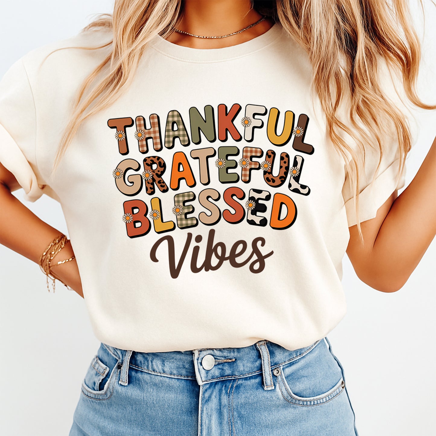 Fall Thankful Grateful Blessed Vibes DTF Transfer – Ready to Press Iron On Heat Transfer for DIY Fall Shirts 12336