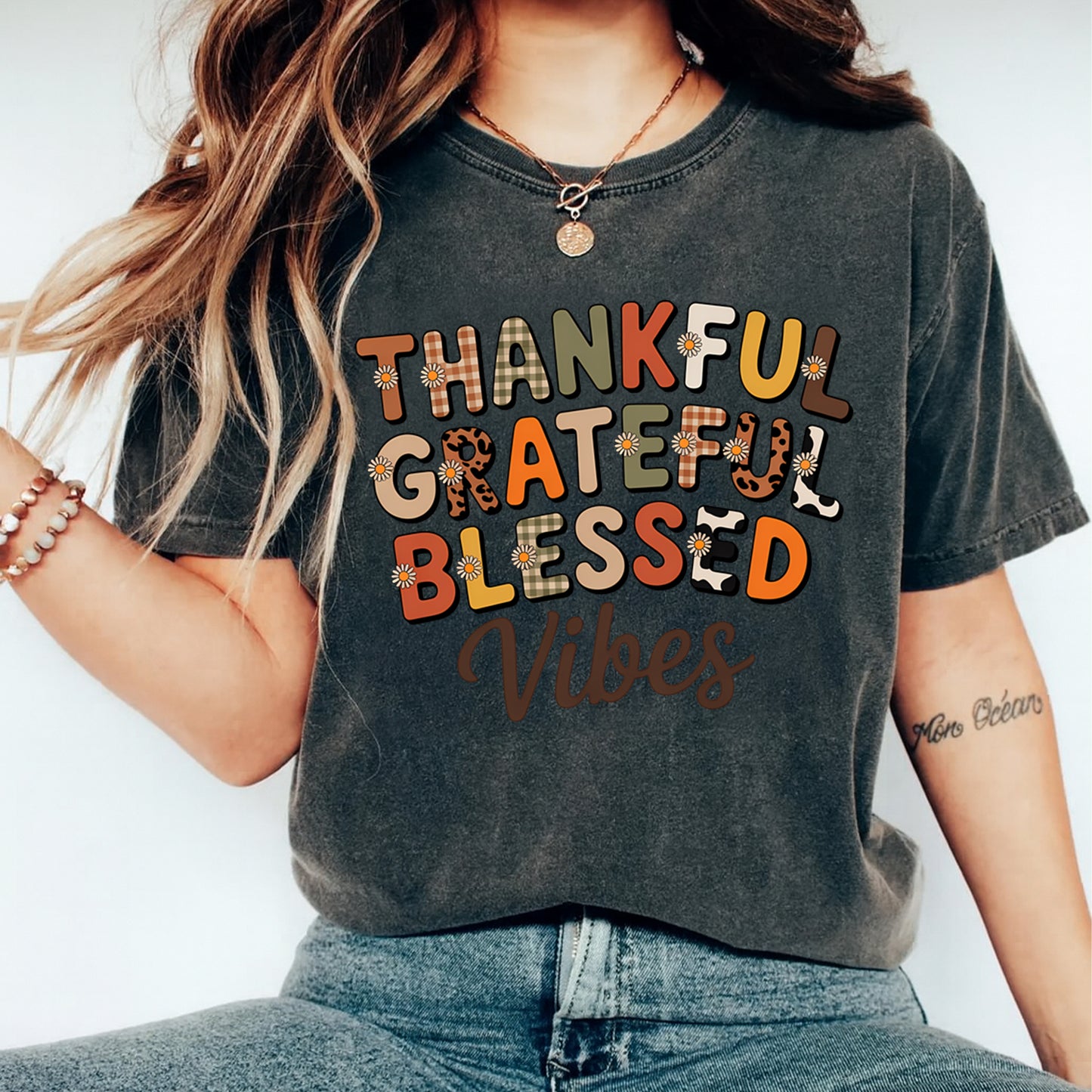 Fall Thankful Grateful Blessed Vibes DTF Transfer – Ready to Press Iron On Heat Transfer for DIY Fall Shirts 12336