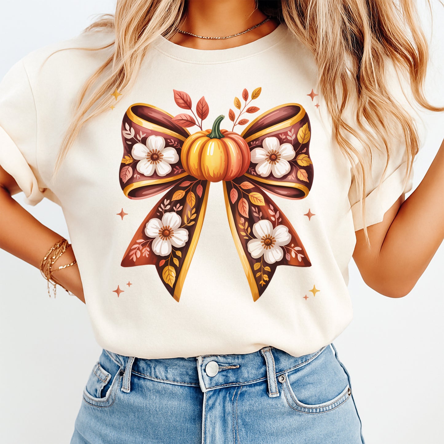 Fall Pumpkin Floral Bow DTF Transfer – Ready to Press Iron On Heat Transfer for DIY Fall Shirts 12337