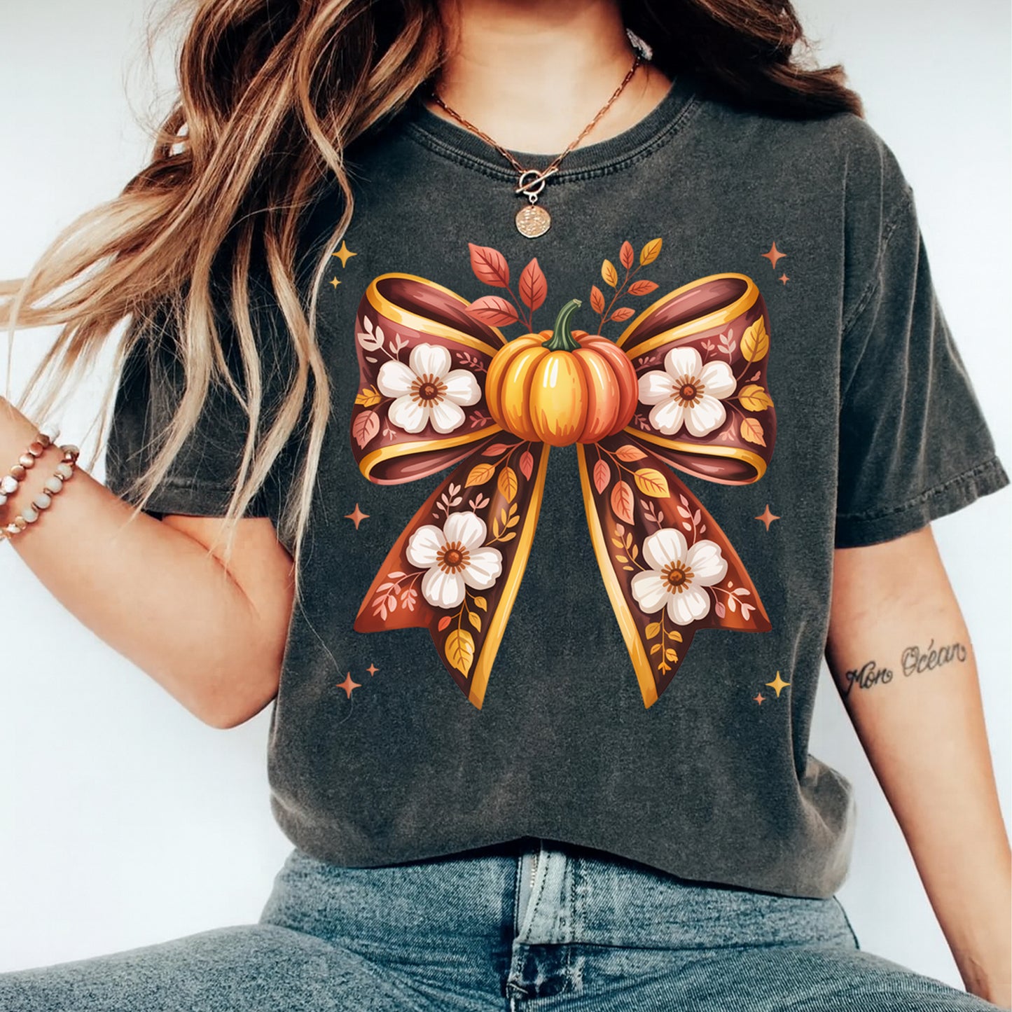 Fall Pumpkin Floral Bow DTF Transfer – Ready to Press Iron On Heat Transfer for DIY Fall Shirts 12337
