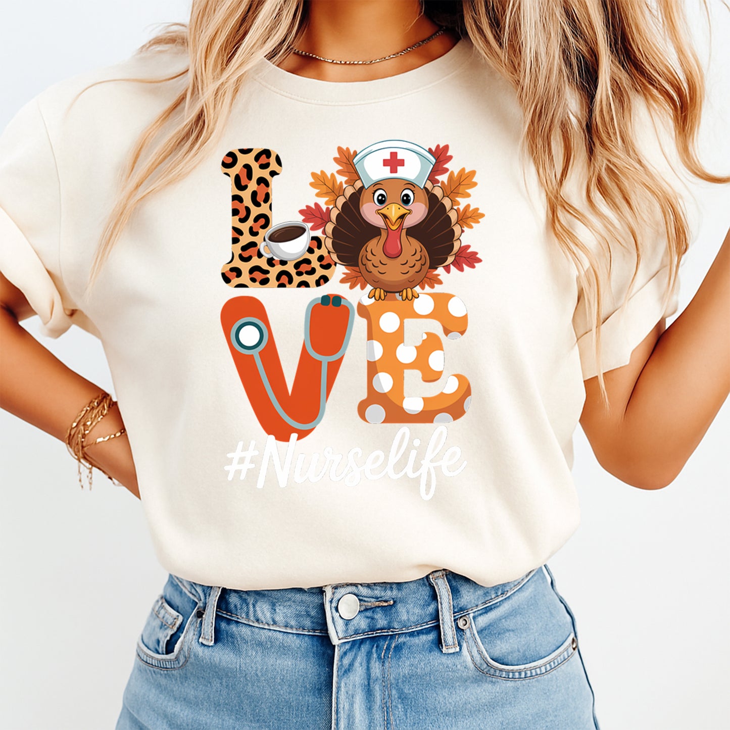Thanksgiving Nurse Love Turkey DTF Transfer – Ready to Press Iron On Heat Transfer for DIY Thanksgiving Shirts 12338