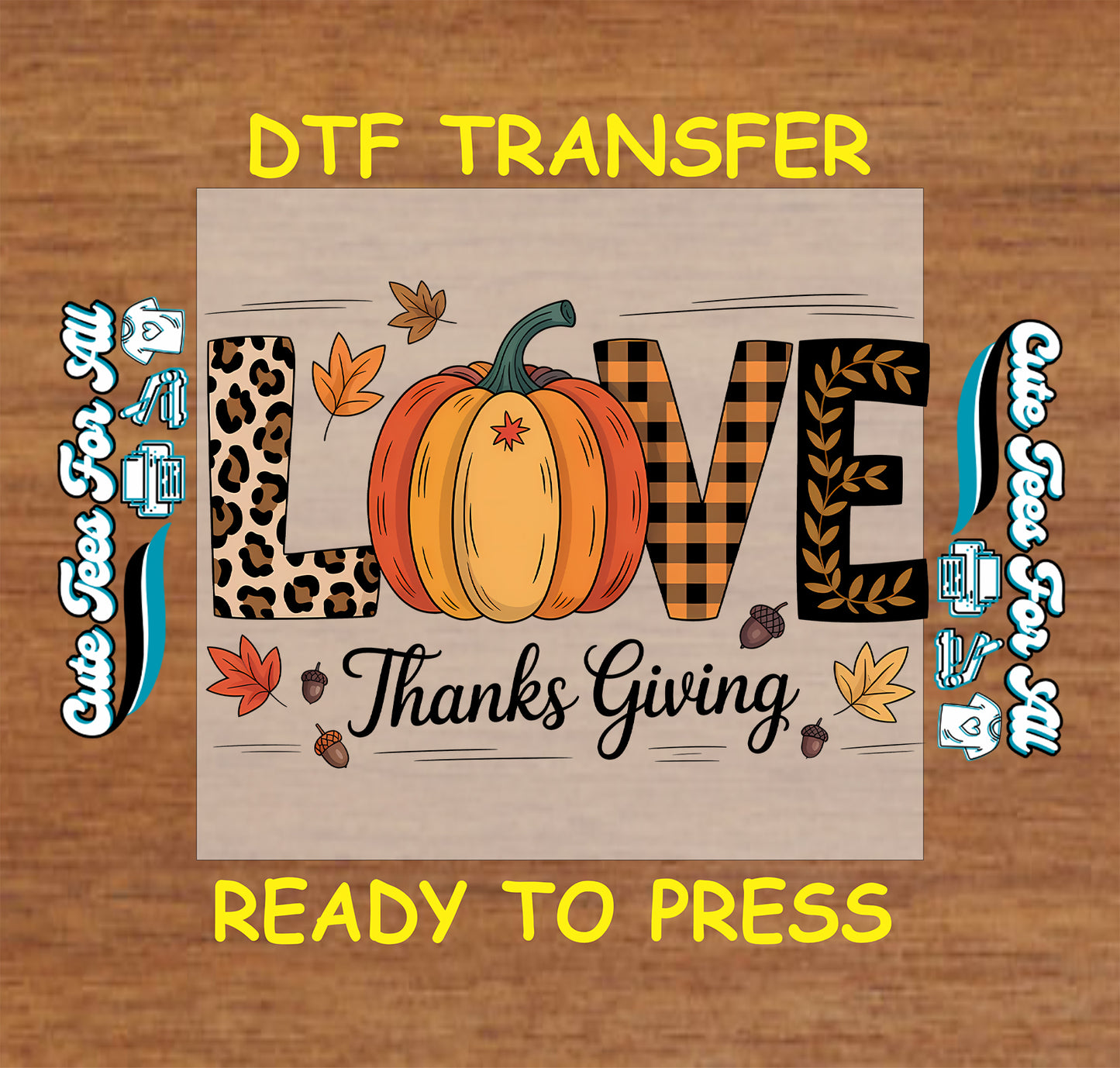 thanksgiving pumpkin love graphic with leopard print plaid leaves ready to press dtf iron on heat transfer for diy thanksgiving shirts