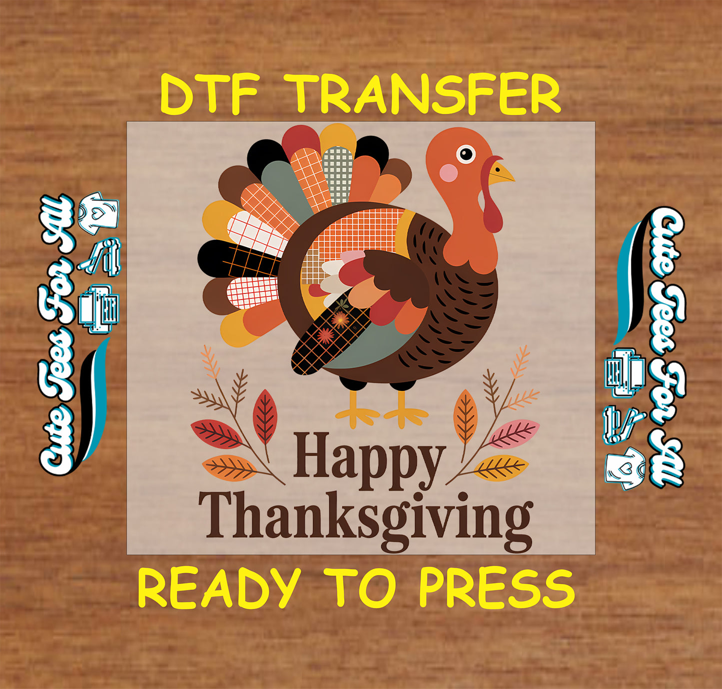 happy thanksgiving turkey graphic with patterned feathers fall leaves ready to press dtf iron on heat transfer for diy thanksgiving shirts