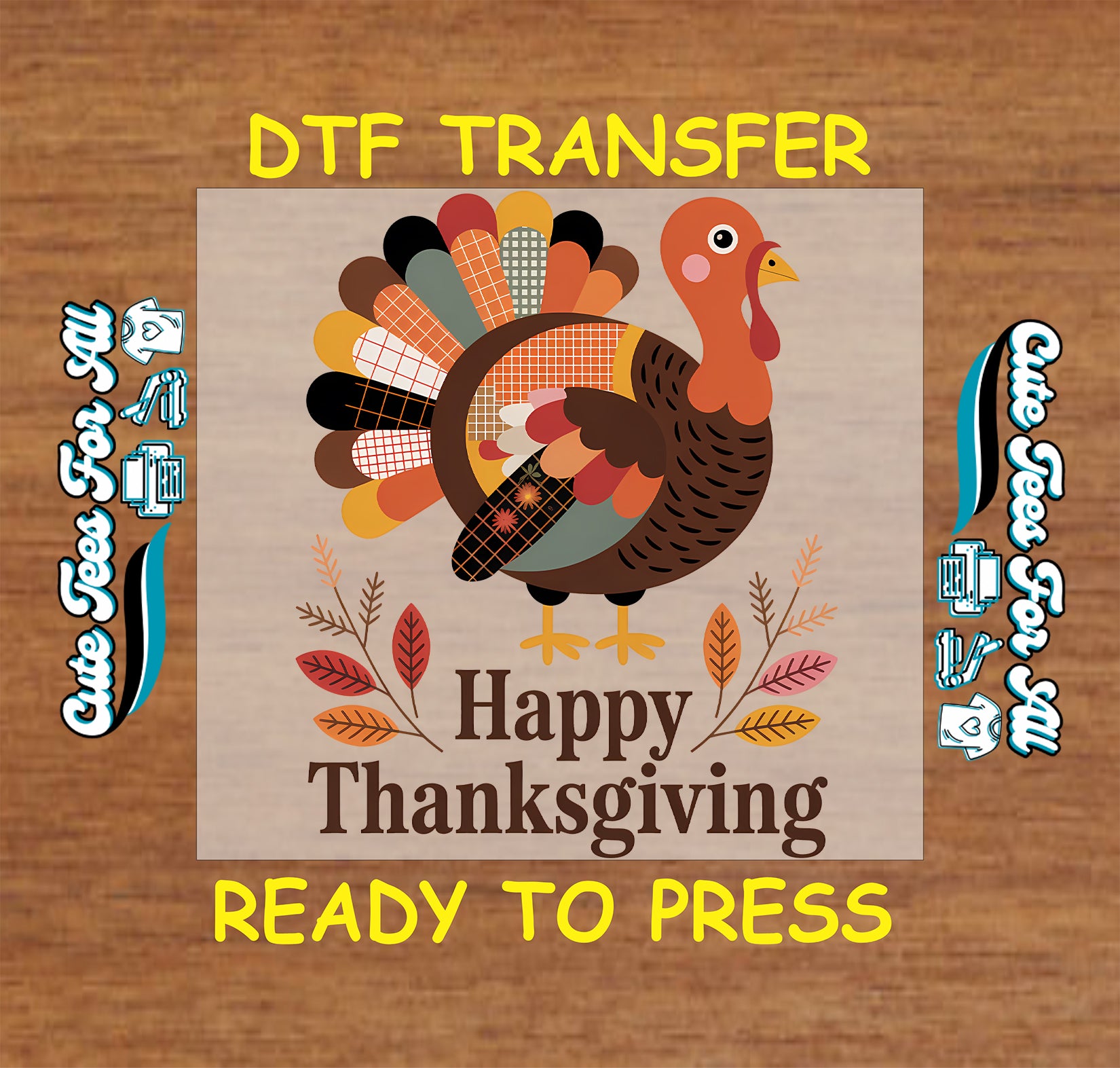 happy thanksgiving turkey graphic with patterned feathers fall leaves ready to press dtf iron on heat transfer for diy thanksgiving shirts