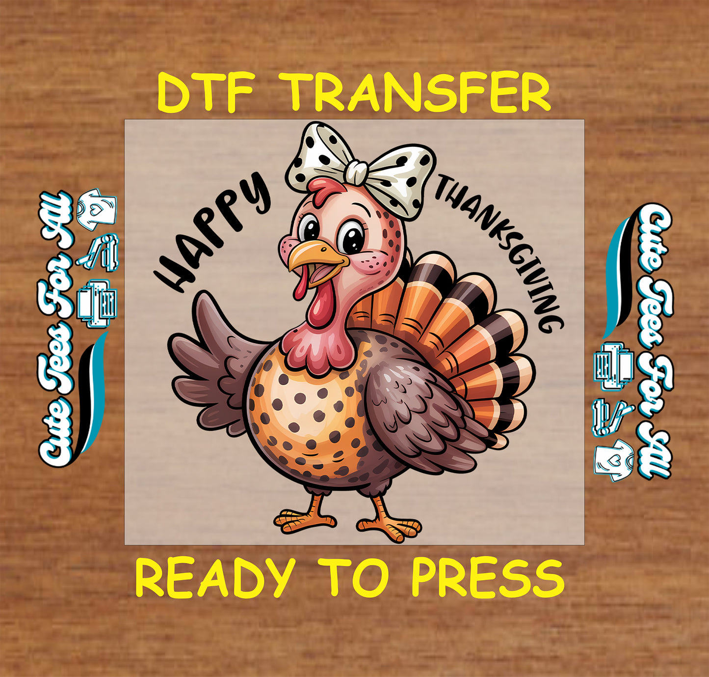girly thanksgiving turkey with bow happy thanksgiving text ready to press dtf iron on heat transfer for diy thanksgiving shirts