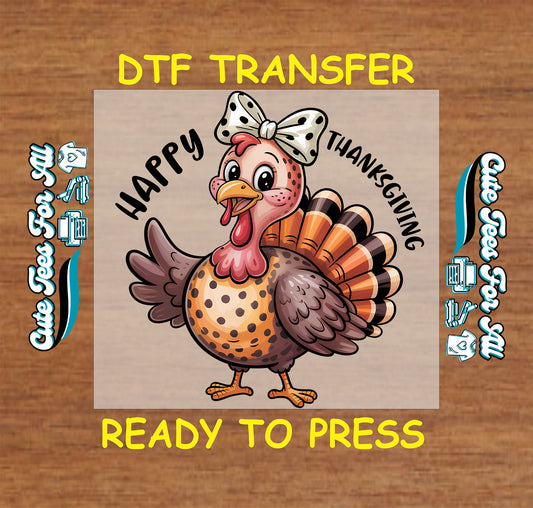 girly thanksgiving turkey with bow happy thanksgiving text ready to press dtf iron on heat transfer for diy thanksgiving shirts