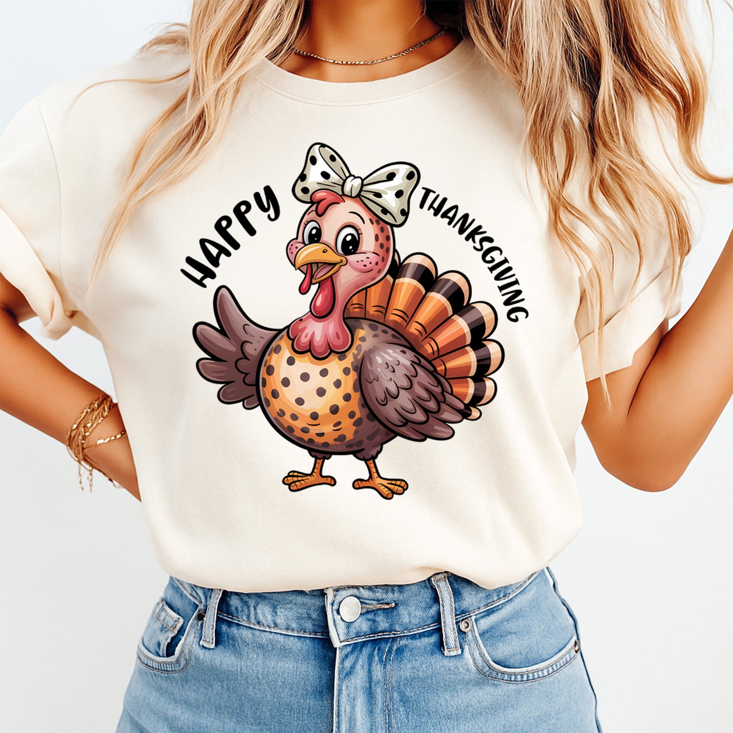 Thanksgiving Girly Turkey Happy Thanksgiving DTF Transfer – Ready to Press Iron On Heat Transfer for DIY Thanksgiving Shirts 12341