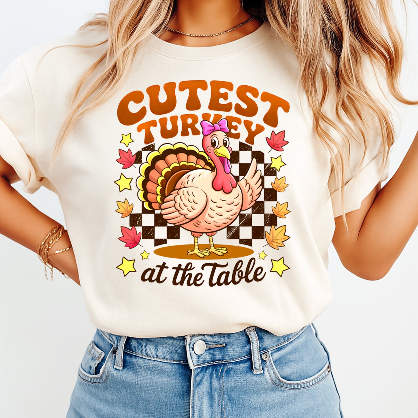 Thanksgiving Cutest Turkey at the Table Checkerboard Fall DTF Transfer – Ready to Press Iron On Heat Transfer for DIY Thanksgiving Shirts 12347
