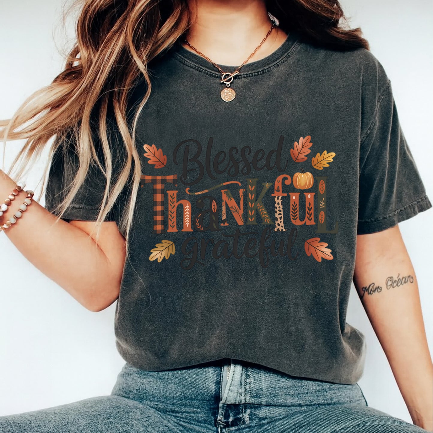 Thanksgiving Blessed Thankful Grateful Fall Lettering DTF Transfer – Ready to Press Iron On Heat Transfer for DIY Thanksgiving Shirts 12349