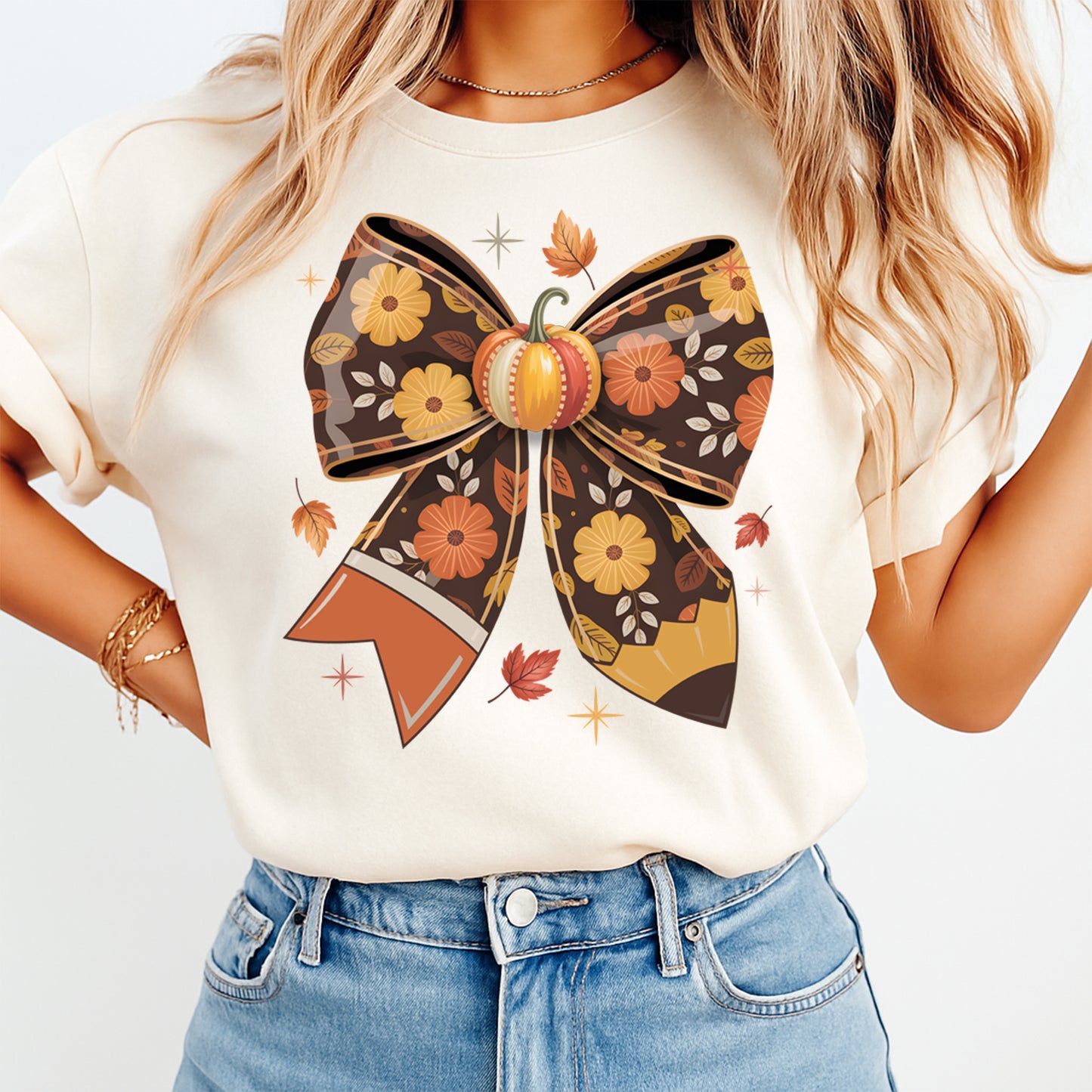 Thanksgiving Pumpkin Floral Bow Pencil DTF Transfer – Ready to Press Iron On Heat Transfer for DIY Thanksgiving Shirts 12351