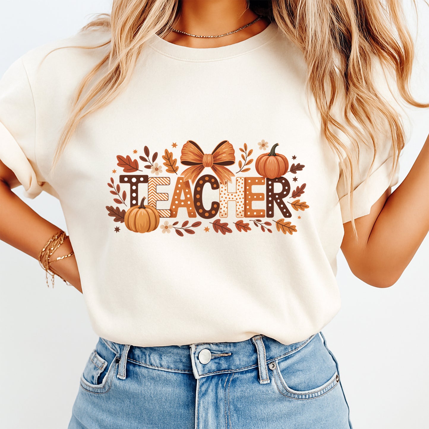 Thanksgiving Teacher Pumpkin Fall Bow DTF Transfer – Ready to Press Iron On Heat Transfer for DIY Thanksgiving Shirts 12352