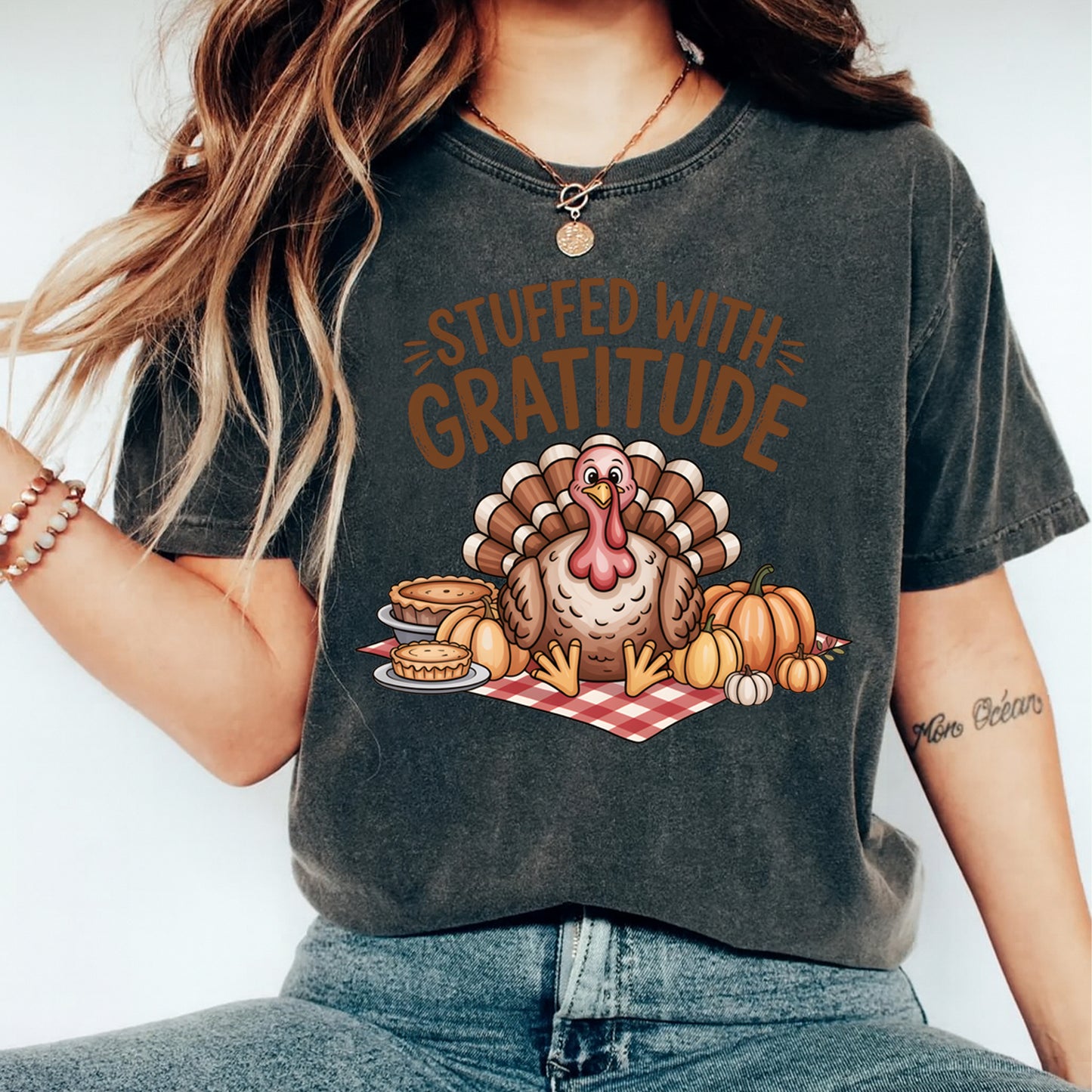 Thanksgiving Stuffed With Gratitude Turkey Pumpkin Pie DTF Transfer – Ready to Press Iron On Heat Transfer for DIY Thanksgiving Shirts 12353