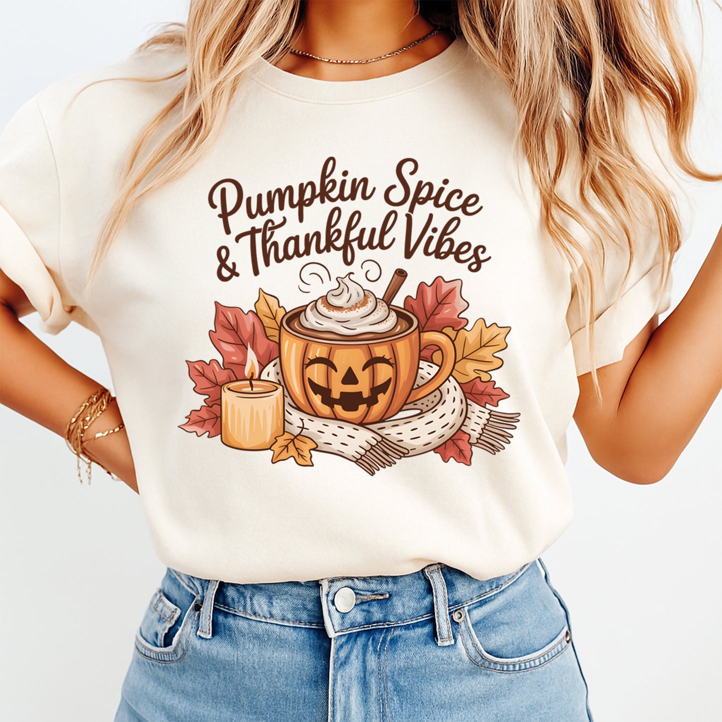 Fall Pumpkin Spice Thankful Vibes DTF Transfer – Ready to Press Iron On Heat Transfer for DIY Fall Shirts 12355