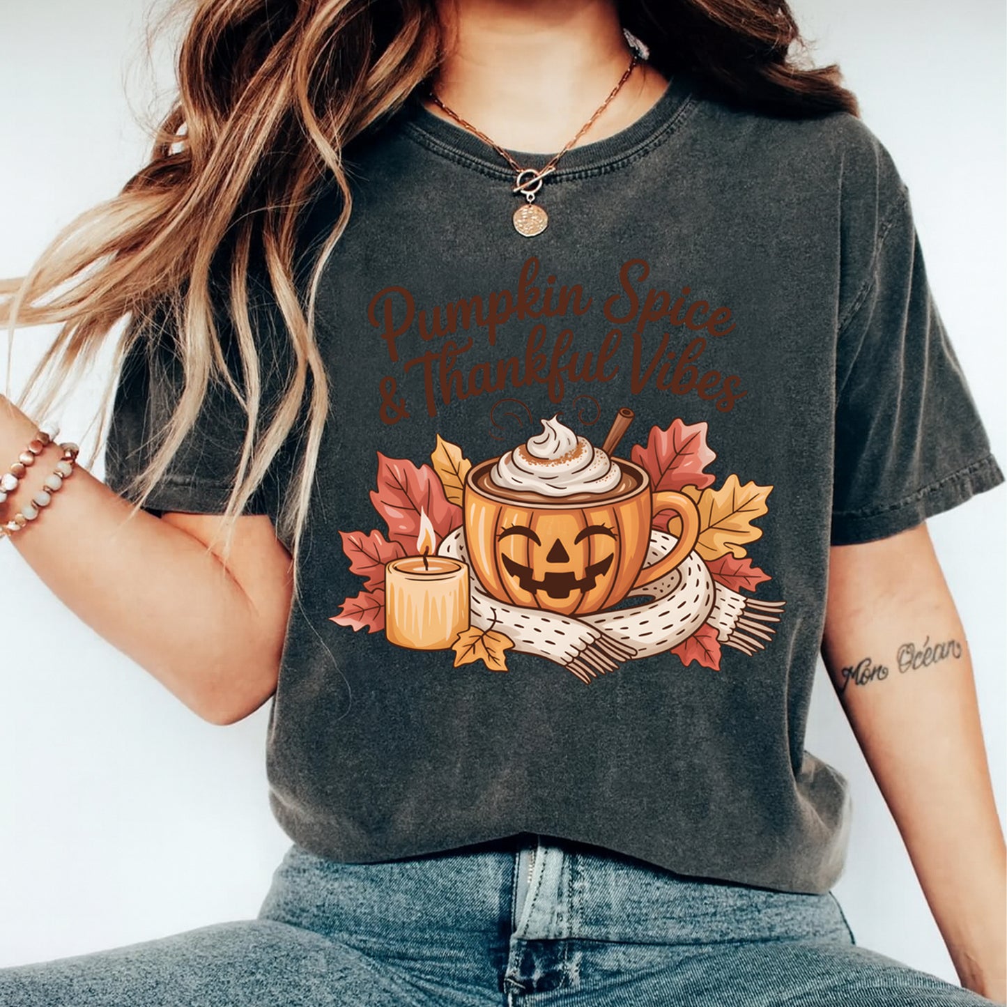 Fall Pumpkin Spice Thankful Vibes DTF Transfer – Ready to Press Iron On Heat Transfer for DIY Fall Shirts 12355