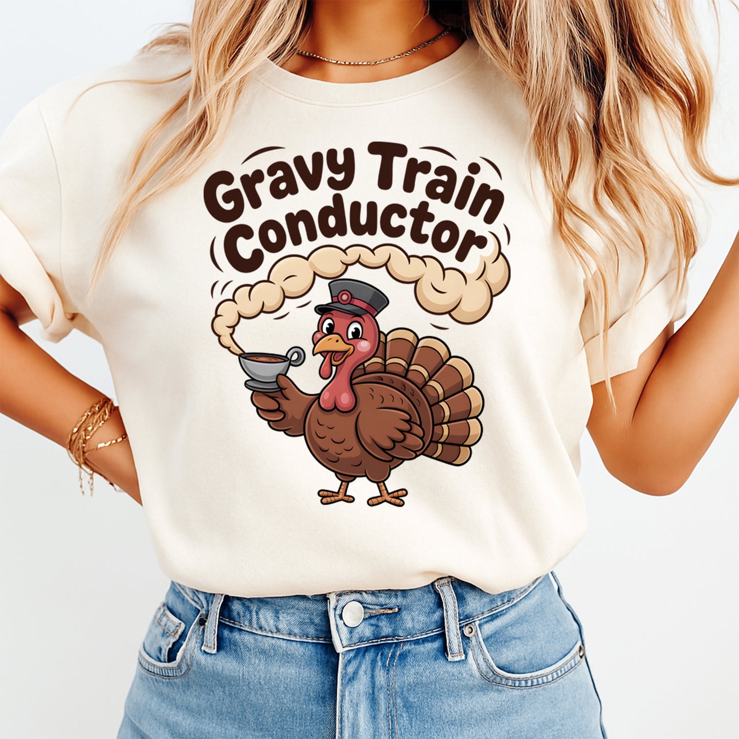 Thanksgiving Gravy Train Conductor Turkey DTF Transfer – Ready to Press Iron On Heat Transfer for DIY Thanksgiving Shirts 12356