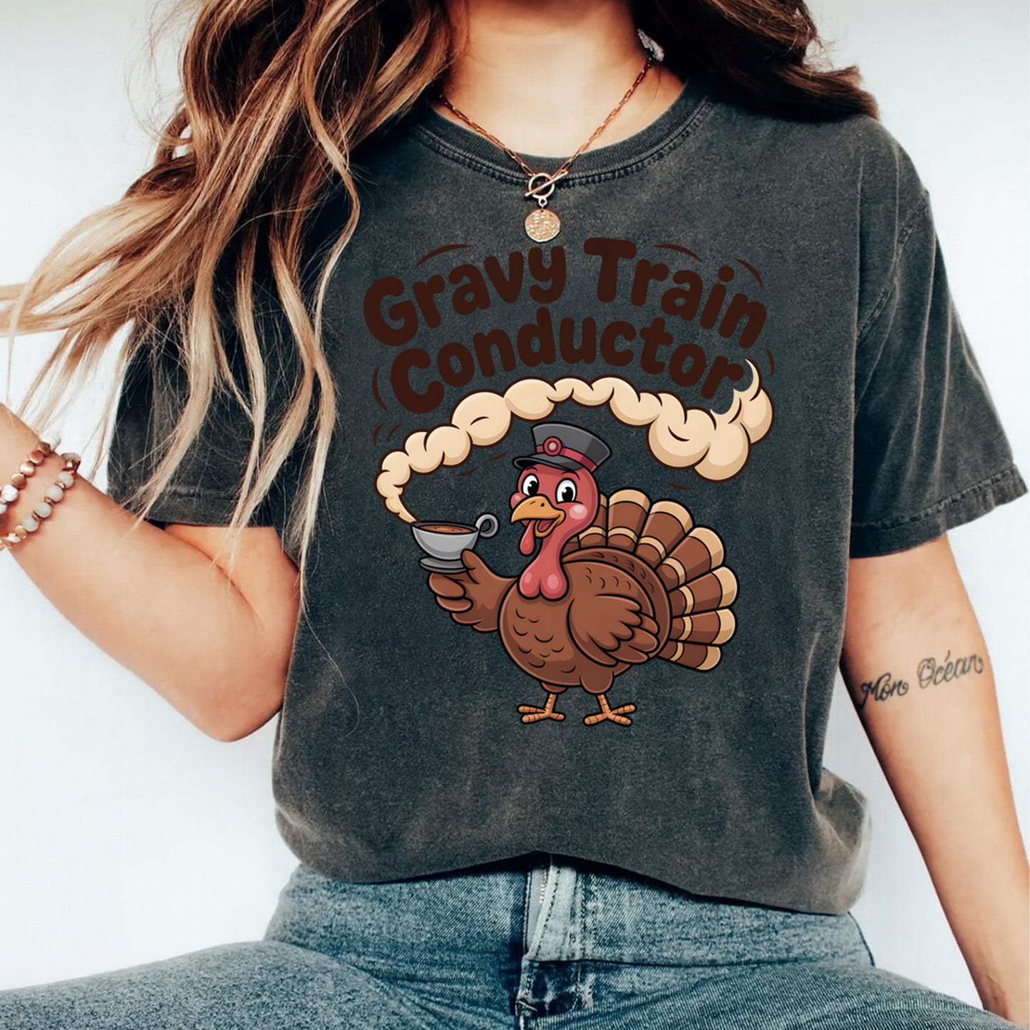 Thanksgiving Gravy Train Conductor Turkey DTF Transfer – Ready to Press Iron On Heat Transfer for DIY Thanksgiving Shirts 12356