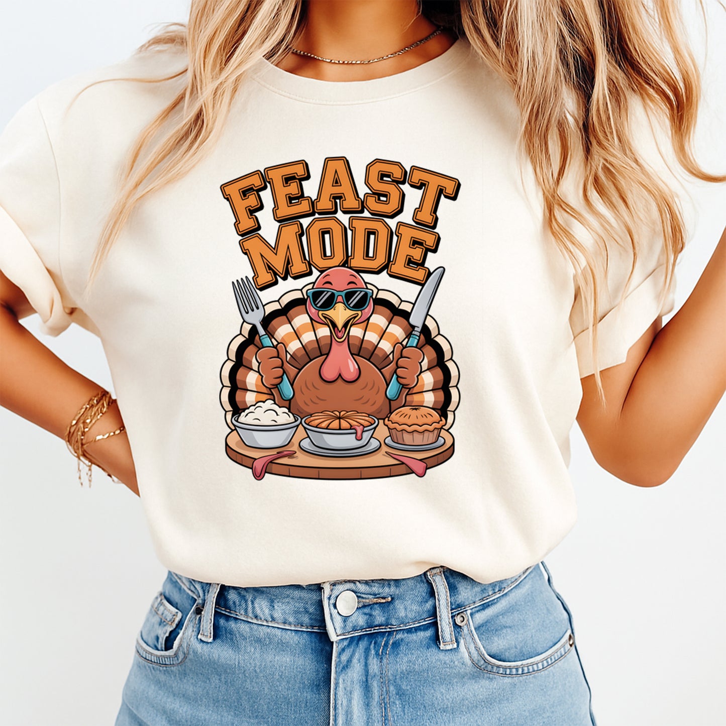 Thanksgiving Feast Mode Turkey DTF Transfer – Ready to Press Iron On Heat Transfer for DIY Thanksgiving Shirts 12360