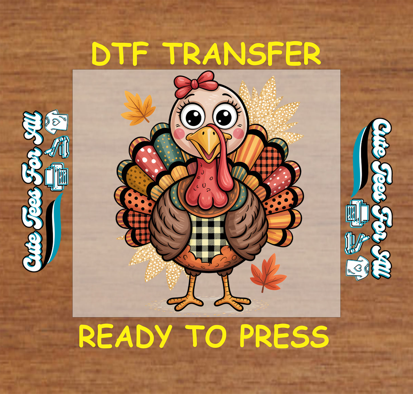 girly thanksgiving turkey with bow plaid patchwork feathers fall leaves ready to press dtf transfer iron on heat transfer