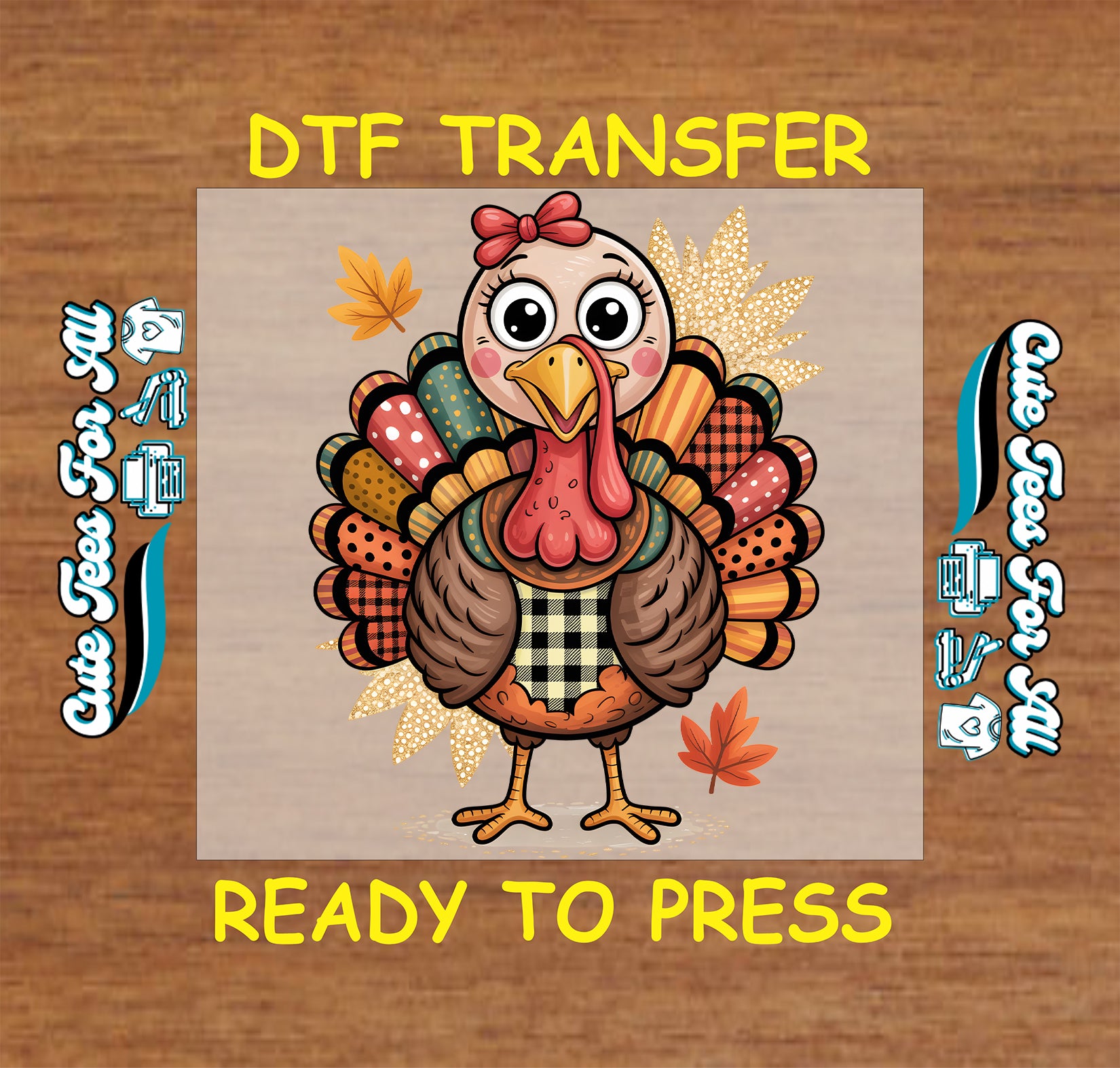 girly thanksgiving turkey with bow plaid patchwork feathers fall leaves ready to press dtf transfer iron on heat transfer