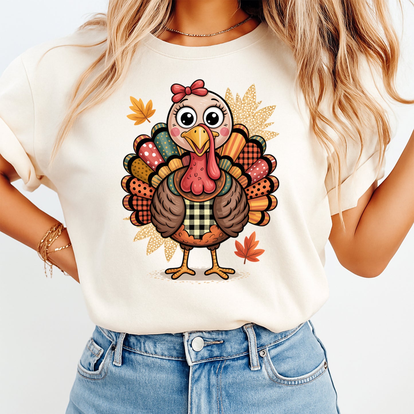 Thanksgiving Girly Turkey Plaid Patchwork DTF Transfer – Ready to Press Iron On Heat Transfer for DIY Thanksgiving Shirts 12361