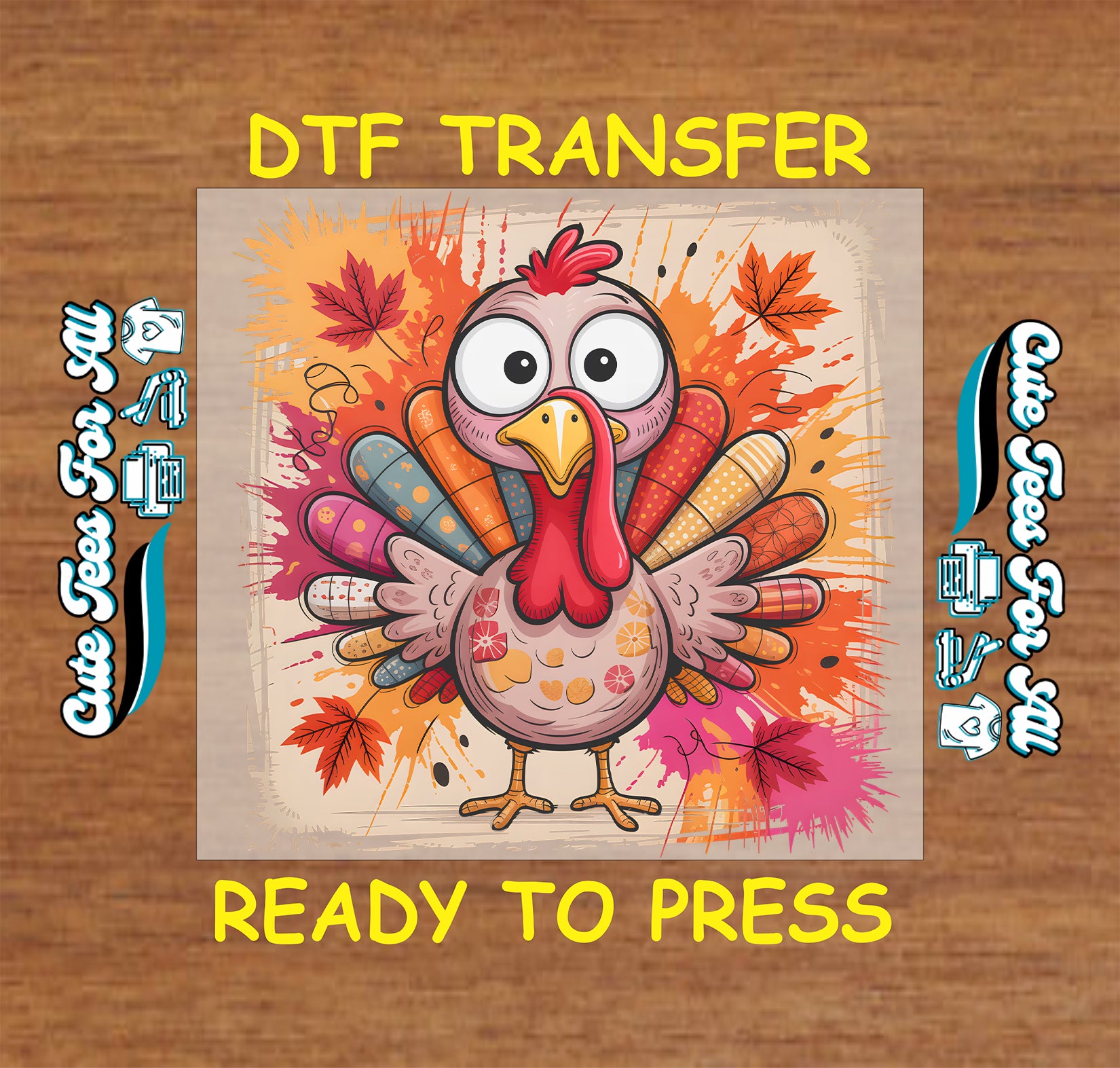 thanksgiving turkey cartoon colorful feathers fall leaves ready to press dtf transfer iron on