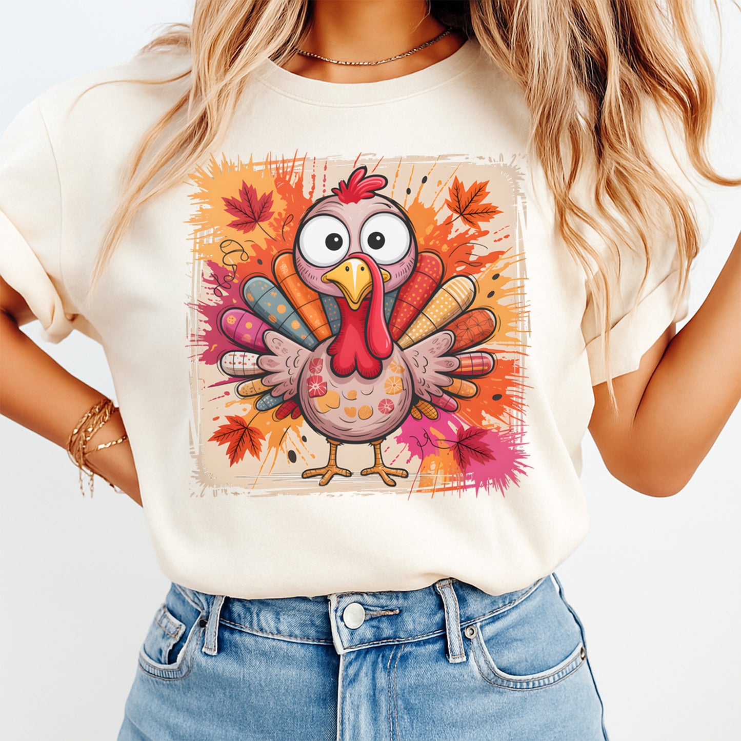Thanksgiving Turkey Cartoon Splash DTF Transfer – Ready to Press Iron On Heat Transfer for DIY Thanksgiving Shirts 12363