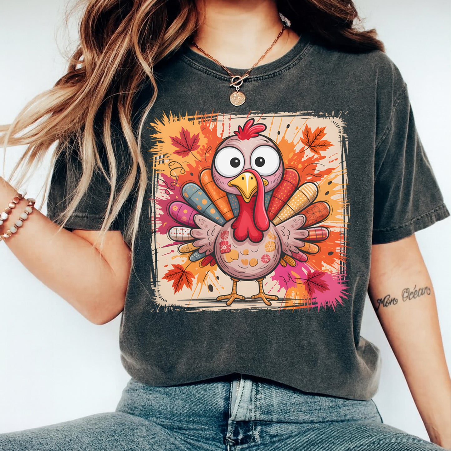Thanksgiving Turkey Cartoon Splash DTF Transfer – Ready to Press Iron On Heat Transfer for DIY Thanksgiving Shirts 12363