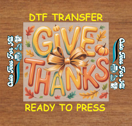 give thanks lettering bow pumpkins leaves fall colors ready to press dtf iron on transfer