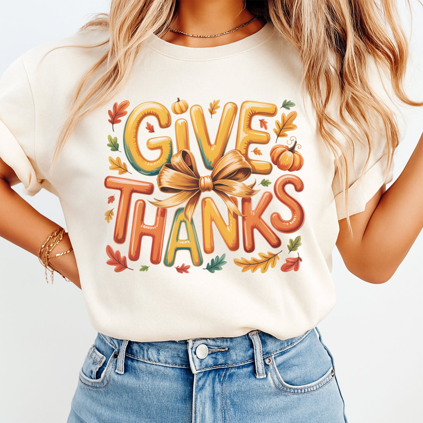 Thanksgiving Give Thanks Bow Lettering DTF Transfer – Ready to Press Iron On Heat Transfer for DIY Thanksgiving Shirts 12364