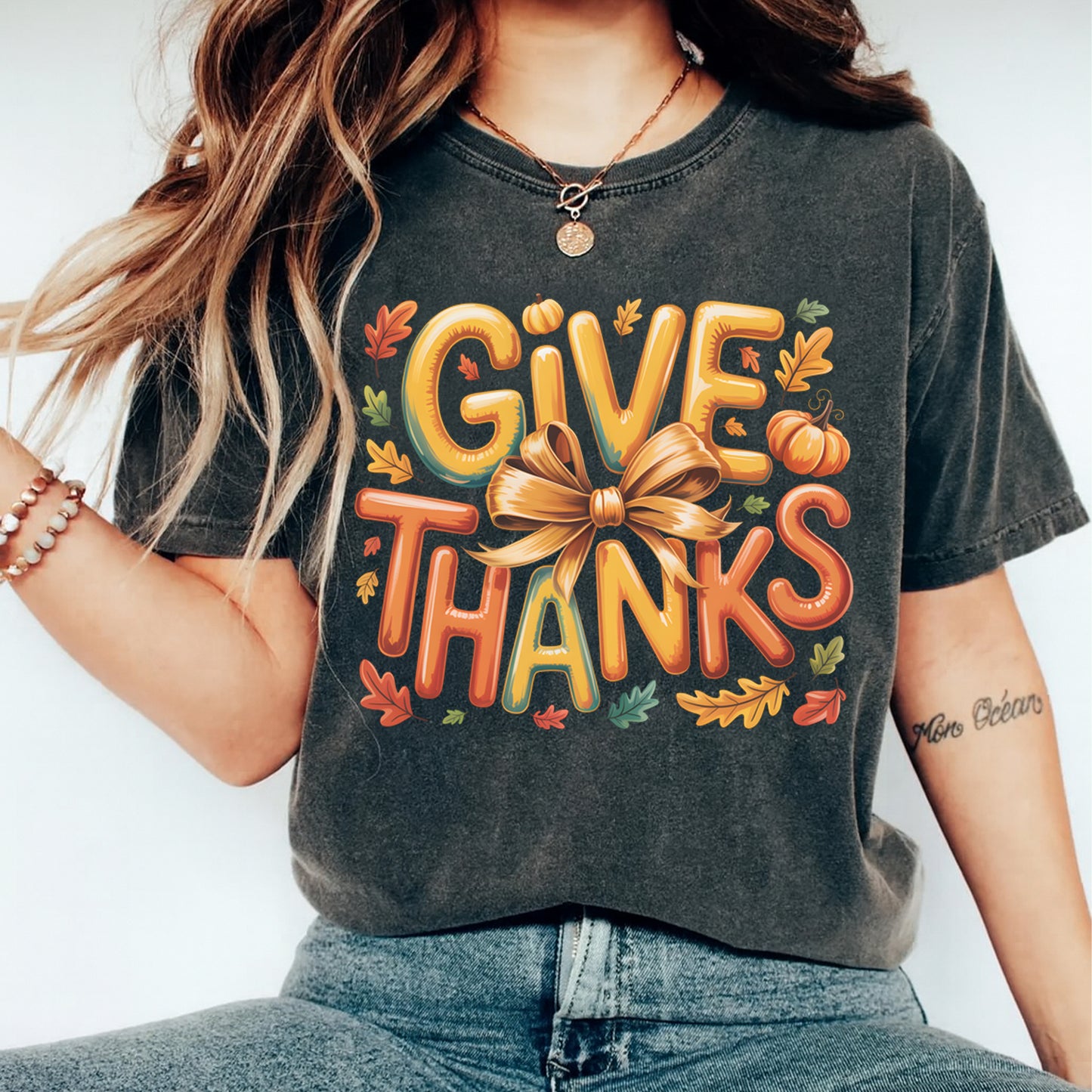 Thanksgiving Give Thanks Bow Lettering DTF Transfer – Ready to Press Iron On Heat Transfer for DIY Thanksgiving Shirts 12364