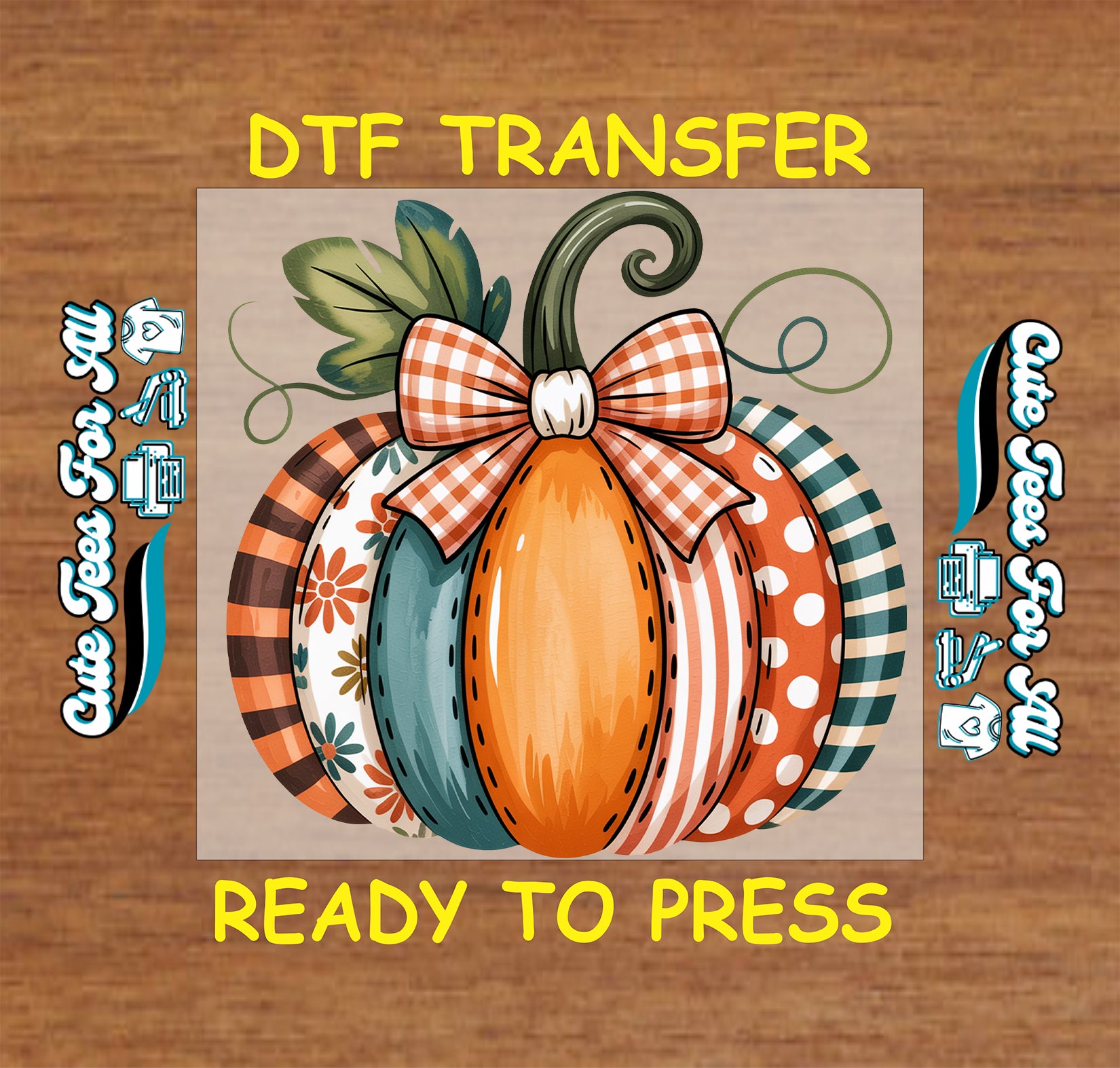 patterned pumpkins gingham bow fall colors autumn leaves ready to press dtf iron on transfer