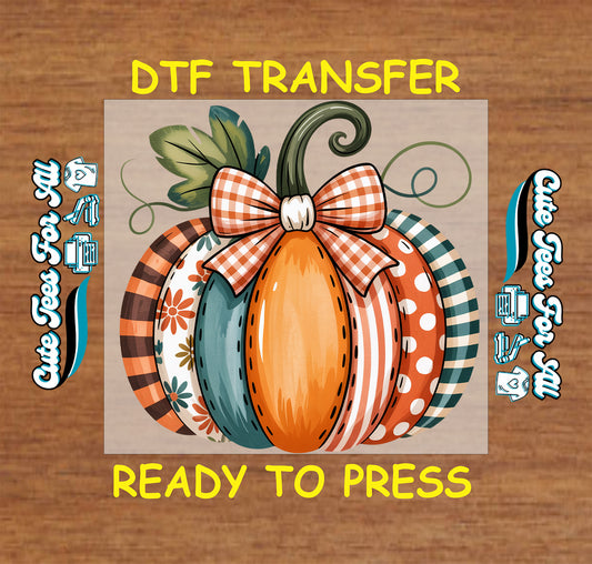 patterned pumpkins gingham bow fall colors autumn leaves ready to press dtf iron on transfer