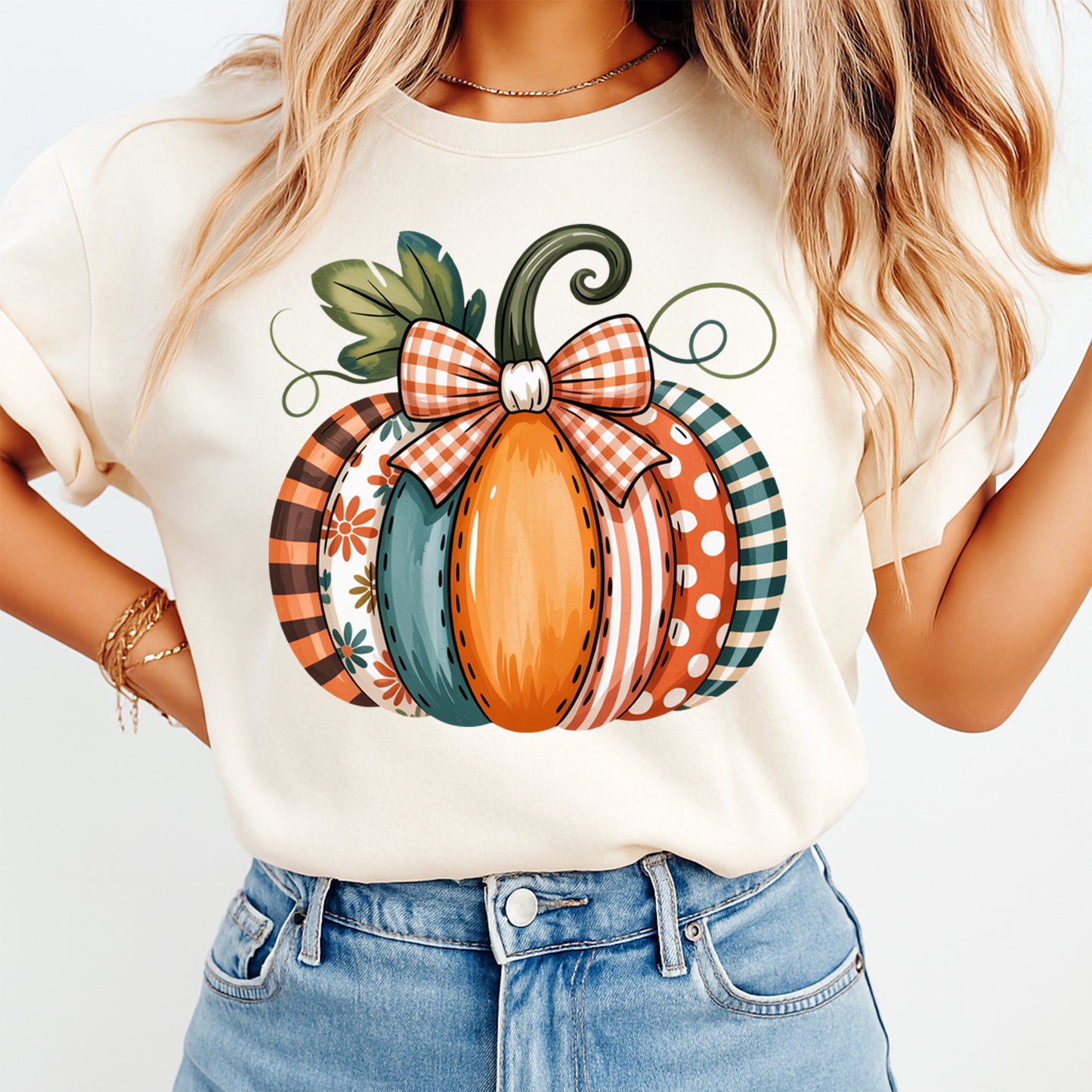 Thanksgiving Patterned Pumpkin Bow DTF Transfer – Ready to Press Iron On Heat Transfer for DIY Fall Shirts 12365