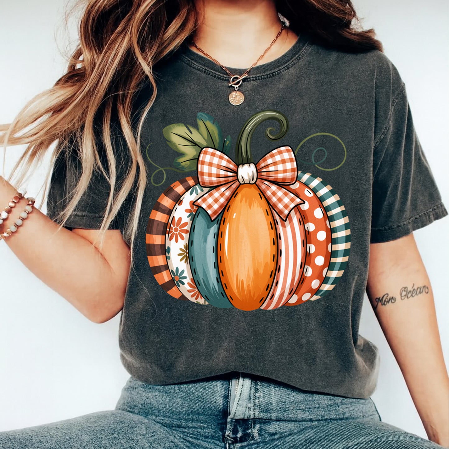 Thanksgiving Patterned Pumpkin Bow DTF Transfer – Ready to Press Iron On Heat Transfer for DIY Fall Shirts 12365