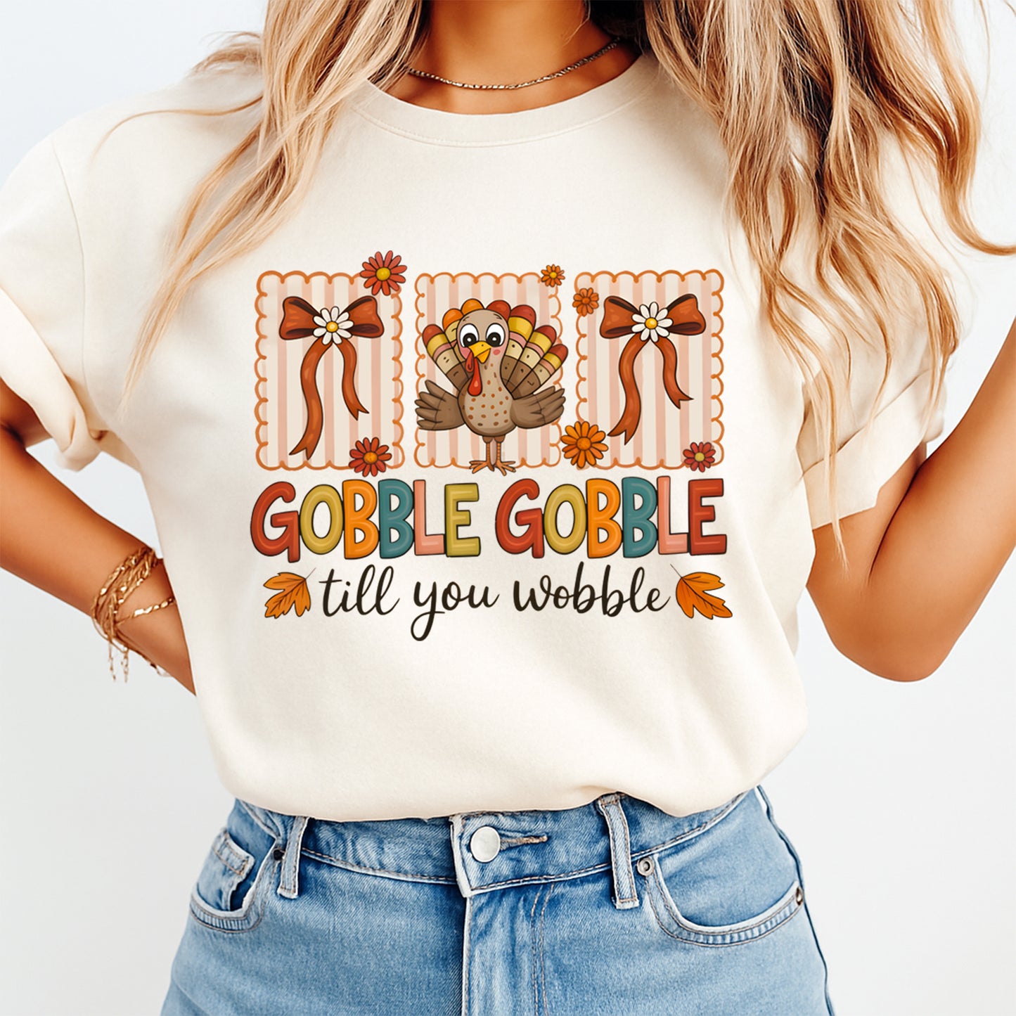 Thanksgiving Gobble Gobble Till You Wobble Turkey Bow DTF Transfer – Ready to Press Iron On Heat Transfer for DIY Thanksgiving Shirts 12367