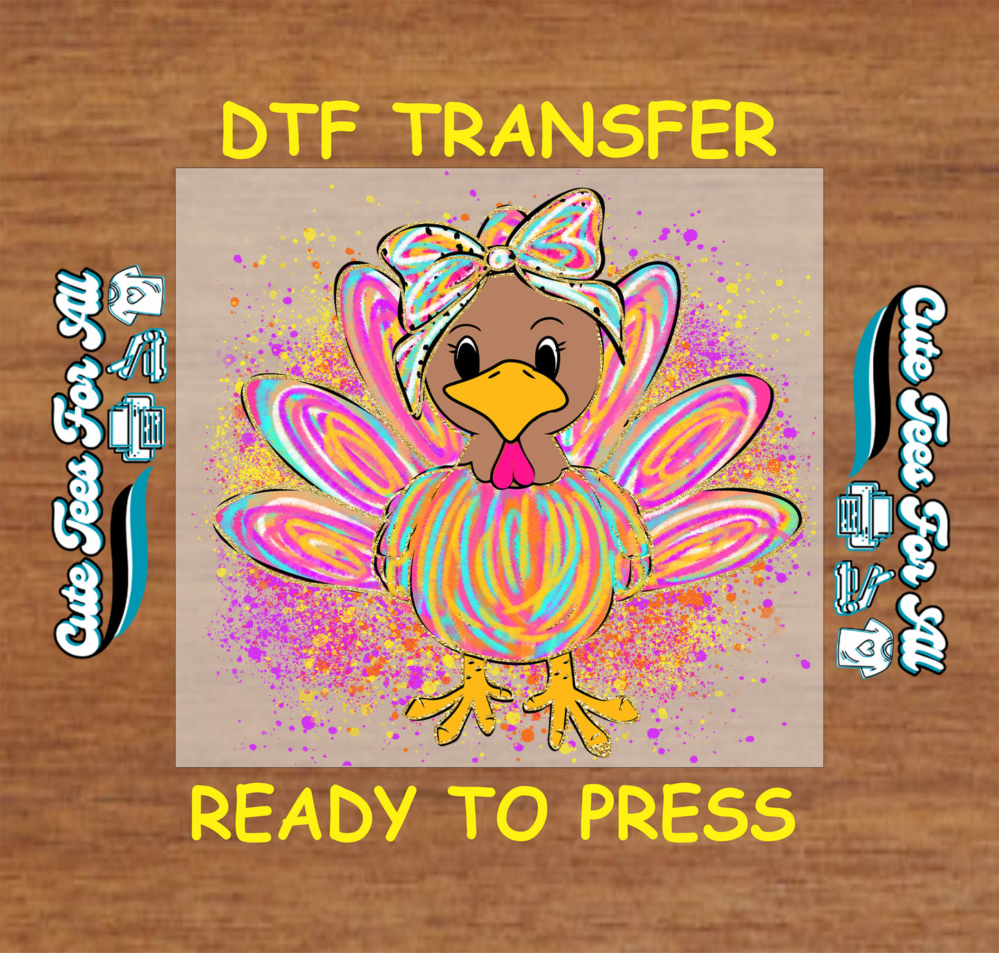 girly turkey with bow multicolor feathers paint splash fall ready to press dtf iron on transfer