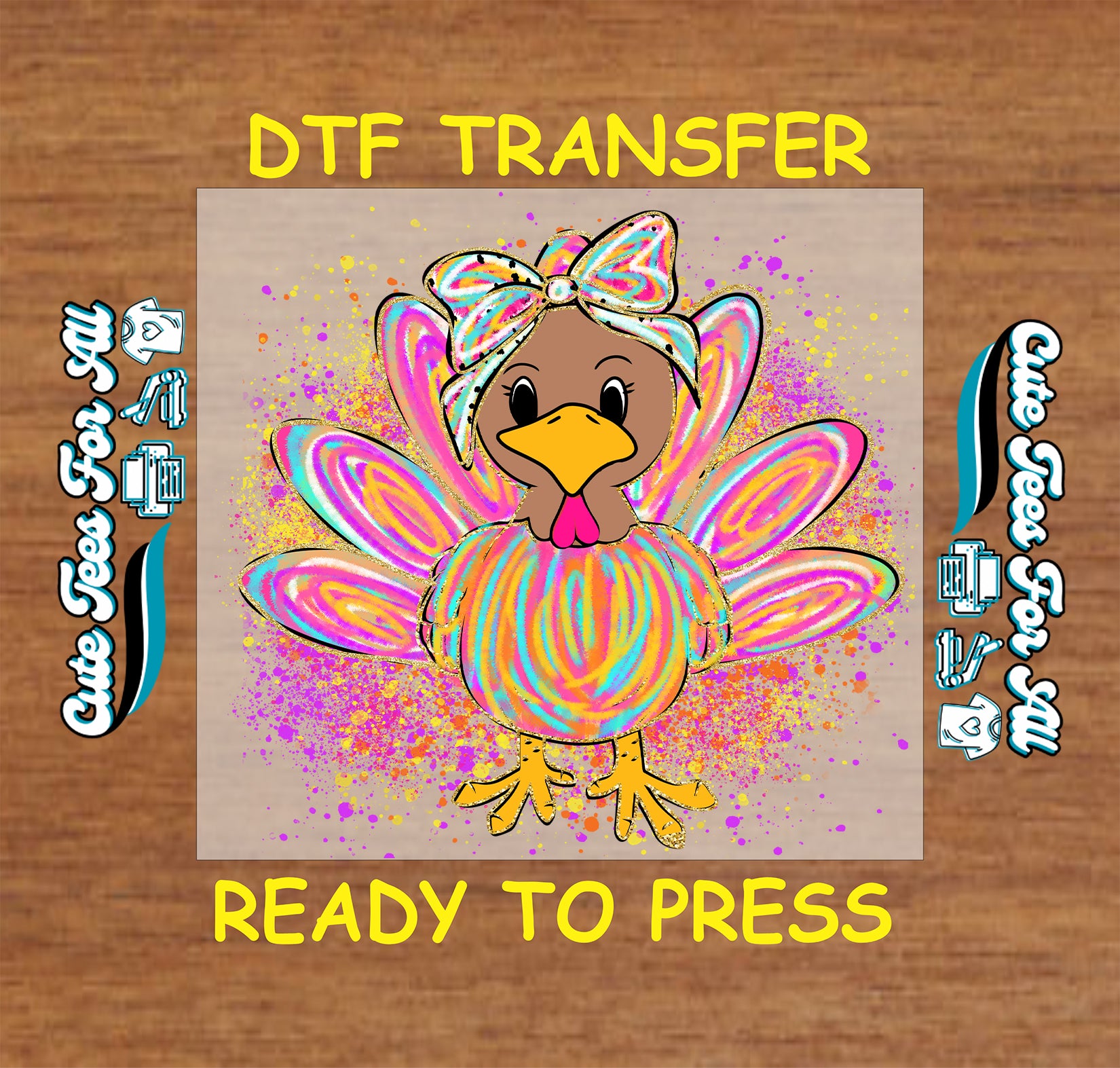 girly turkey with bow multicolor feathers paint splash fall ready to press dtf iron on transfer