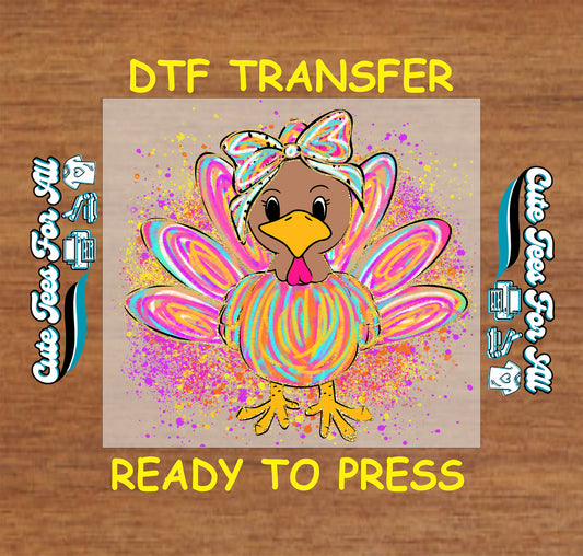 girly turkey with bow multicolor feathers paint splash fall ready to press dtf iron on transfer