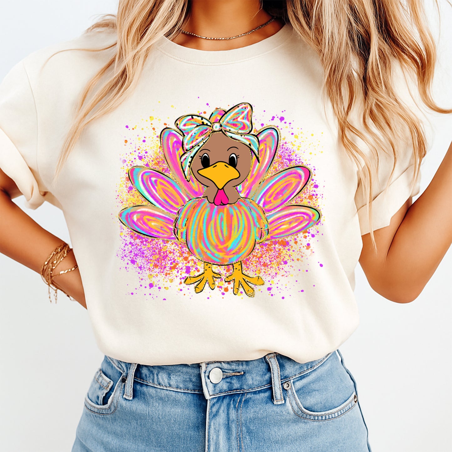 Thanksgiving Girly Bow Turkey Color Splash DTF Transfer – Ready to Press Iron On Heat Transfer for DIY Fall Shirts 12368